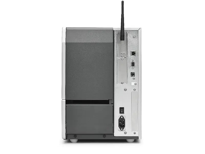 Rückseite eines Industriedruckers mit Netzwerkanschlüssen