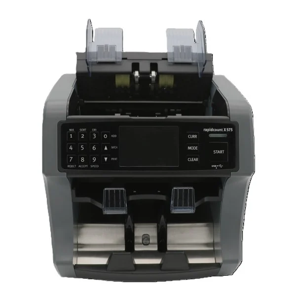 Frontansicht des ratiotec rapidcount X575 Geldzählers mit Display, Tastenfeld und Banknotenfächern für professionelle Bargeldzählung
