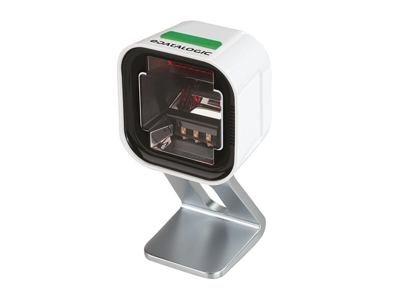 Weißer Datalogic 2D-Barcodescanner mit stabilem Standfuß
