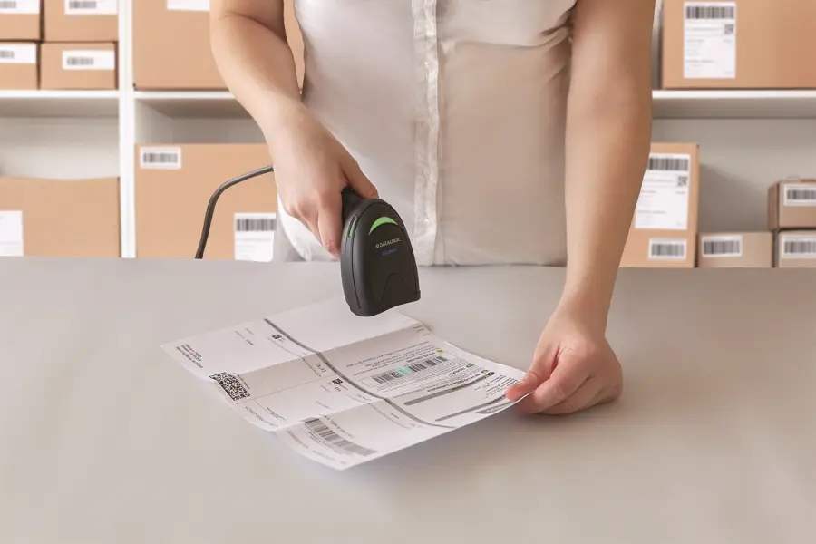 Mitarbeiter scannt Versandetikett mit Handscanner im Lager