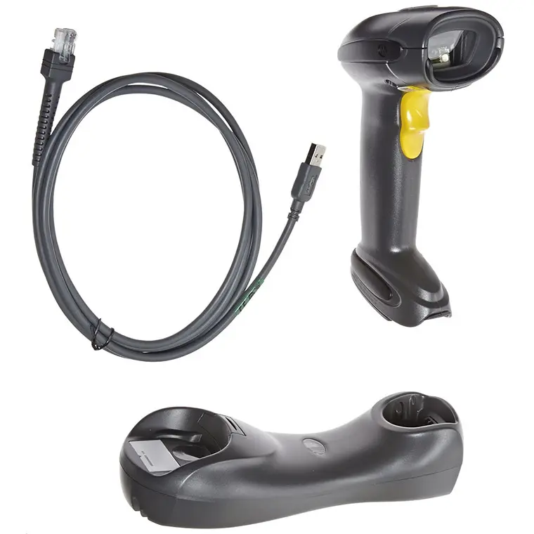 Funk-Barcodescanner mit USB-Kabel und Ladeschale in Schwarz