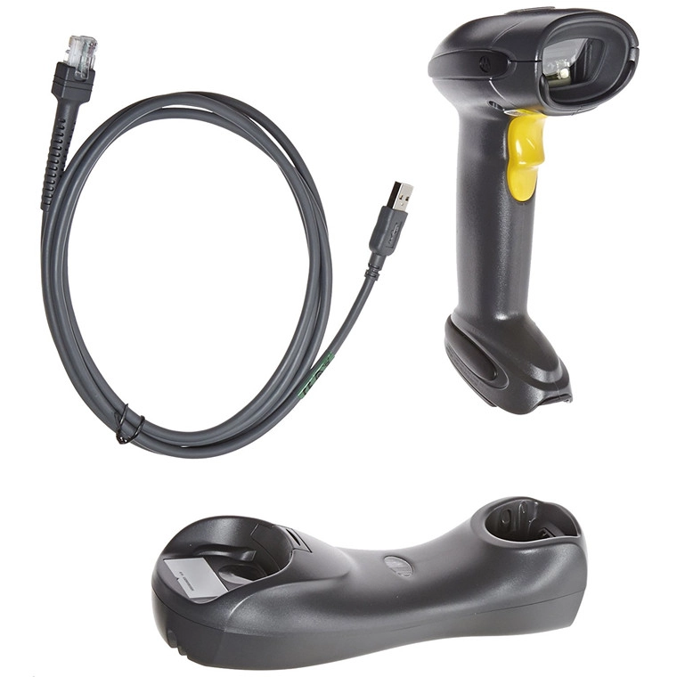 Funk-Barcodescanner mit USB-Kabel und Ladeschale in Schwarz