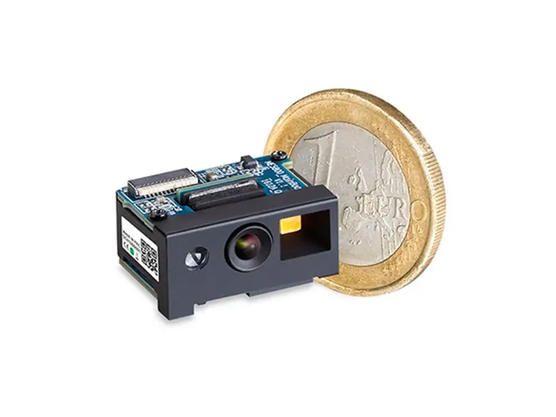 Miniatur 2D-Barcode-Scanner-Modul vor 1-Euro-Münze