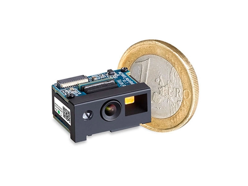 Miniatur 2D-Barcode-Scanner-Modul vor 1-Euro-Münze