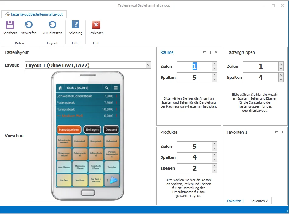Benutzeroberfläche zur Konfiguration eines Bestellterminals