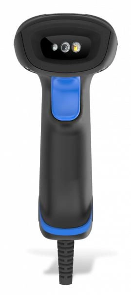 Schwarzer kabelgebundener Handscanner mit blauem Auslöser zur schnellen Barcode-Erfassung im Handel und Lager