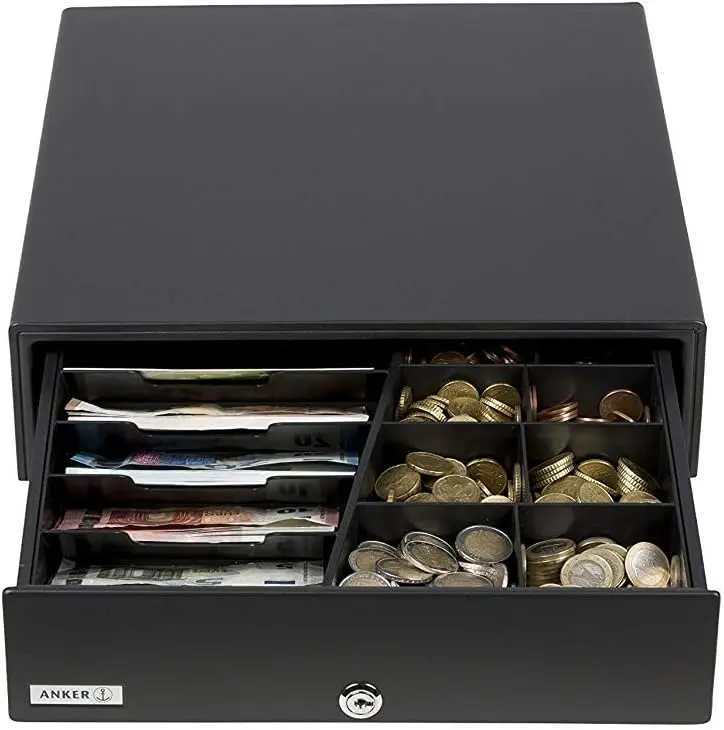 Schwarze Kassenschublade mit Fächern für Münzen und Scheine