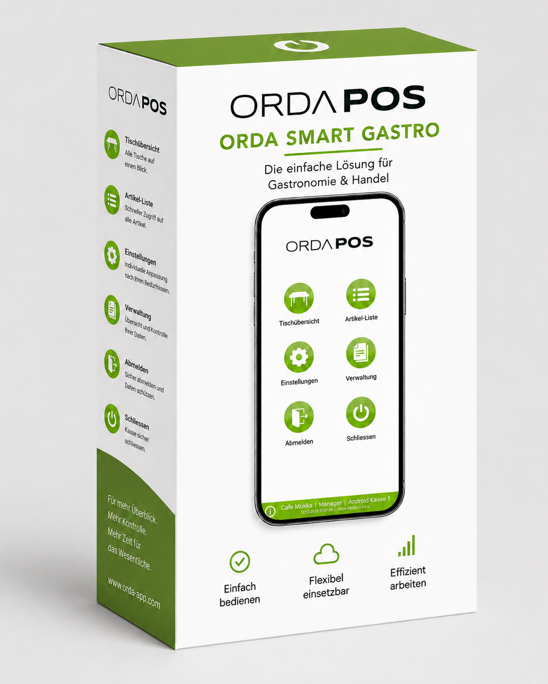Produktverpackung von ORDA POS Orda Smart Gastro mit Smartphone-App, Kassensoftware für Gastronomie und Handel, einfach bedienbar und flexibel einsetzbar