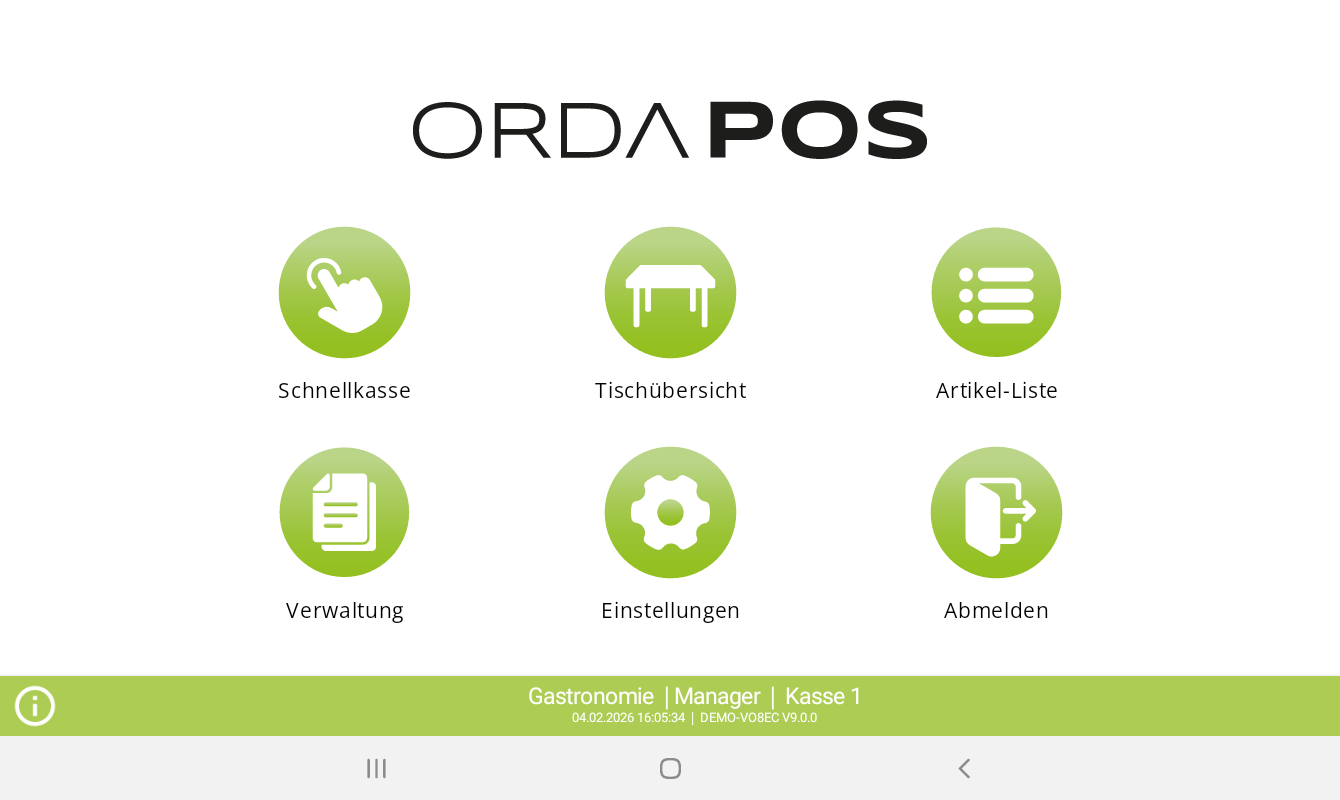 ORDA POS Softwareoberfläche mit Schnellkasse, Tischübersicht, Artikel-Liste, Verwaltung, Einstellungen und Abmelden für Gastronomie-Kassen.