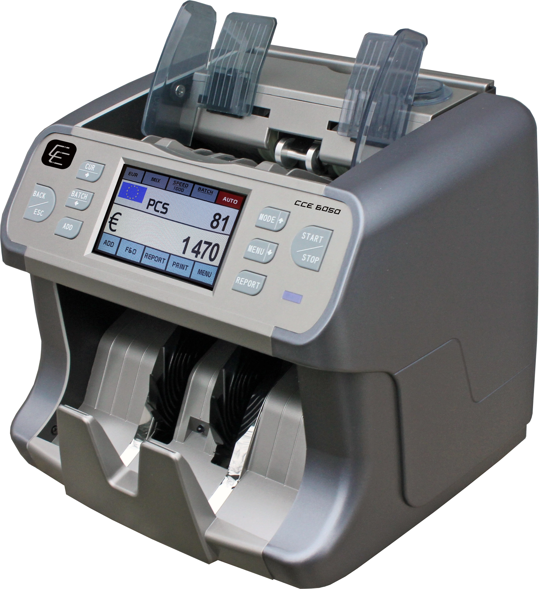 Geldzählmaschine CCE 6050 mit Farbdisplay, Tastenfeld und Banknotenfächern zum schnellen Zählen und Prüfen von Bargeld
