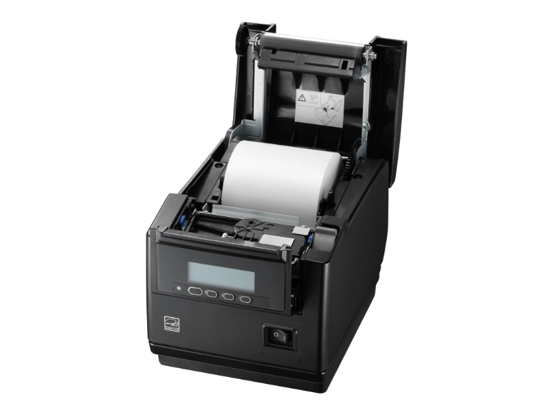 Citizen CT-S801III black 83mm USB direct thermal receipt printer with open cover, paper roll and cutter for retail and restaurant POS checkout
