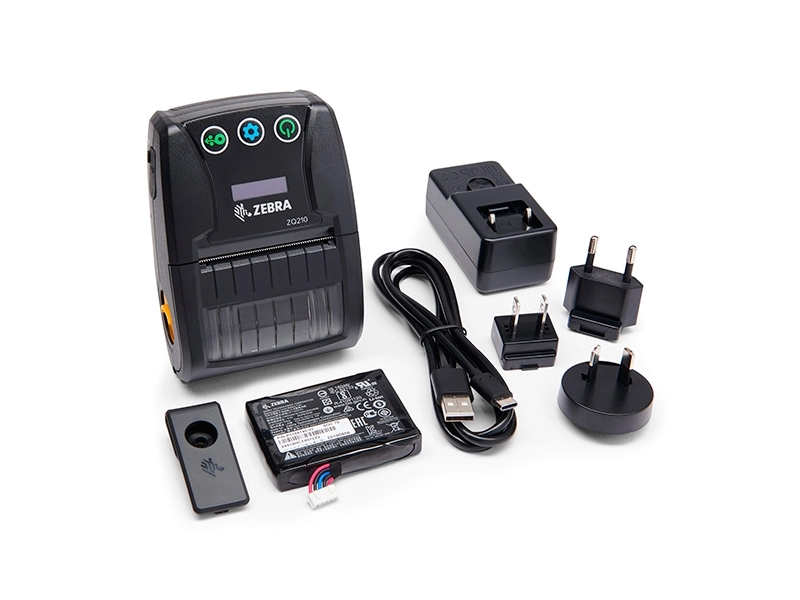 Zebra ZQ210 mobiler Beleg- und Etikettendrucker mit Akku, USB-Kabel, Netzteiladaptern und Gürtelclip für 58-mm-Thermodirektdruck