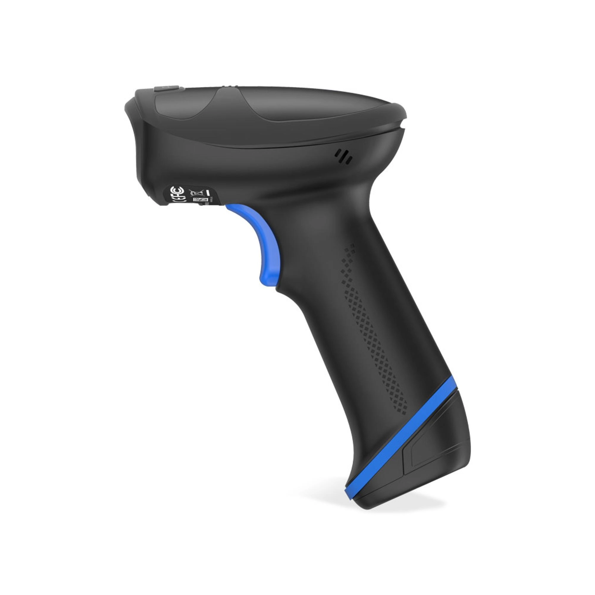 Schwarzer kabelloser Barcode-Scanner mit blauem Auslöser und ergonomischem Griff für Kasse, Lager und Warenwirtschaft