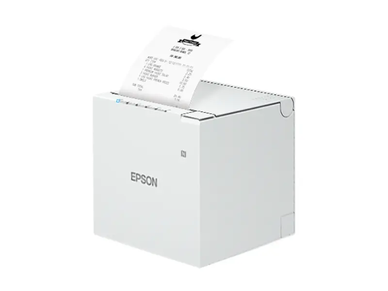 Weißer Epson Bondrucker druckt einen Kassenbeleg