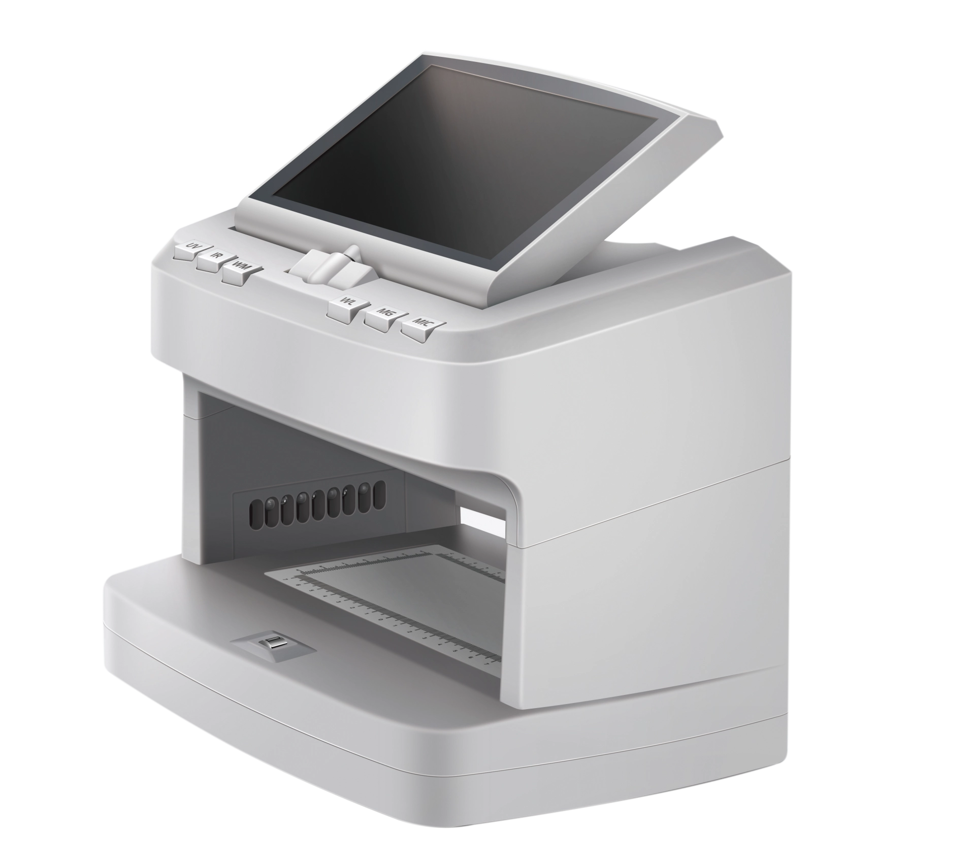 Weißes automatisches Messgerät mit klappbarem Display, Bedientasten und Messkammer für präzise Produkt- oder Laboranalysen