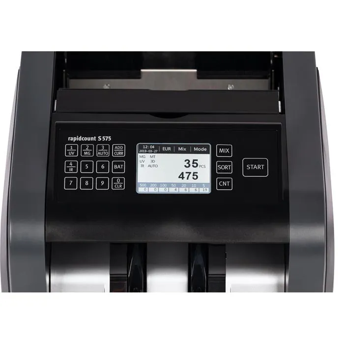 Nahaufnahme der rapidcount S 575 Geldzählmaschine mit Tastenfeld, Display und Banknoteneinzug für effizientes Zählen und Sortieren von Geldscheinen