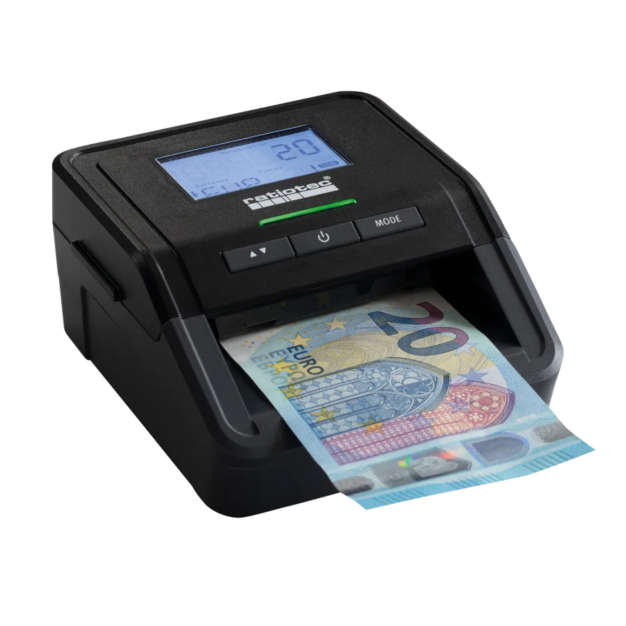 Schwarzer Ratiotec Geldscheinprüfer mit 20-Euro-Schein