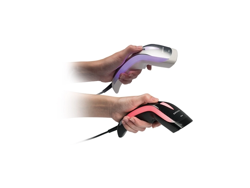 Datalogic Heron HD3430 1D/2D handheld barcode scanners in white and black, ideal for fast USB POS scanning in retail and warehouses