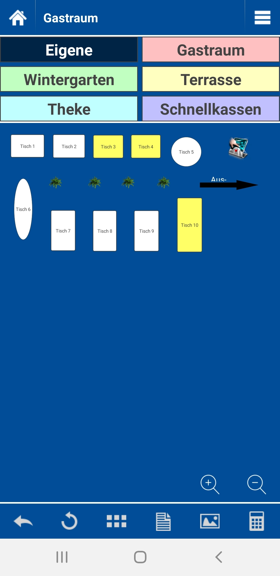 Screenshot Tischplan mit Bereichen Gastraum, Theke, Terrasse