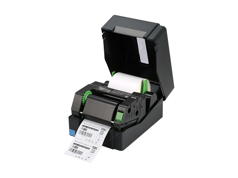 Schwarzer Etikettendrucker druckt Rollenetiketten