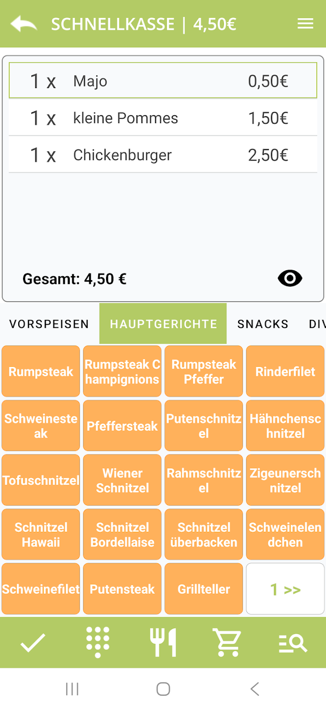 Screenshot einer Schnellkasse-App: Warenkorb mit Majo, kleinen Pommes und Chickenburger für 4,50 € sowie orange Produktbuttons für Hauptgerichte.
