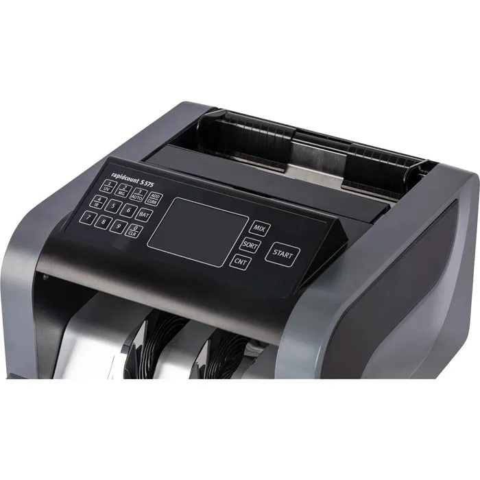 Nahaufnahme der Ratiotec rapidcount S575 Geldzählmaschine mit Display, Tastenfeld und Banknoten-Einzug für schnelles Zählen von Geldscheinen