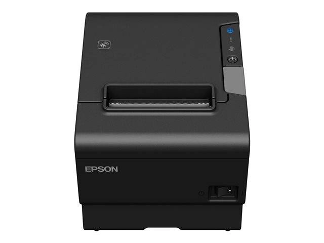 Schwarzer Epson Thermo-Bondrucker mit Bedienfeld und Papierausgabe für Kassenbelege im Einzelhandel und POS-Bereich
