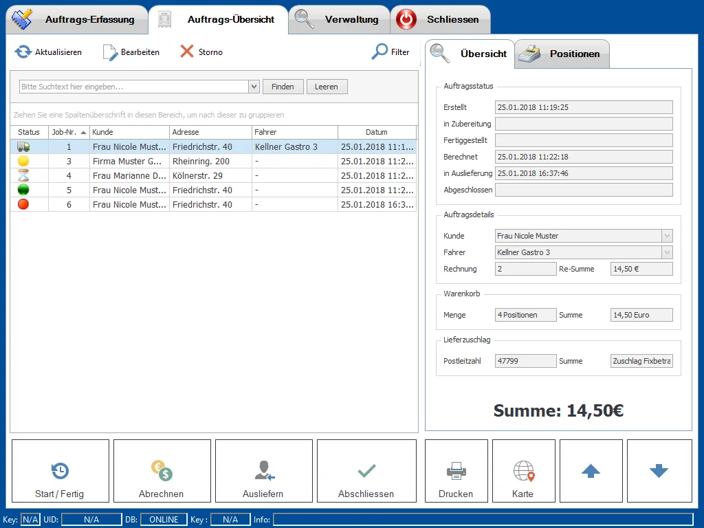 Screenshot einer Auftragsverwaltung mit Bestellübersicht