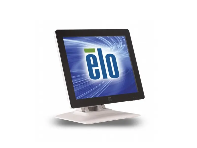 Schwarzer Elo Touchscreen Monitor auf weißem Standfuß