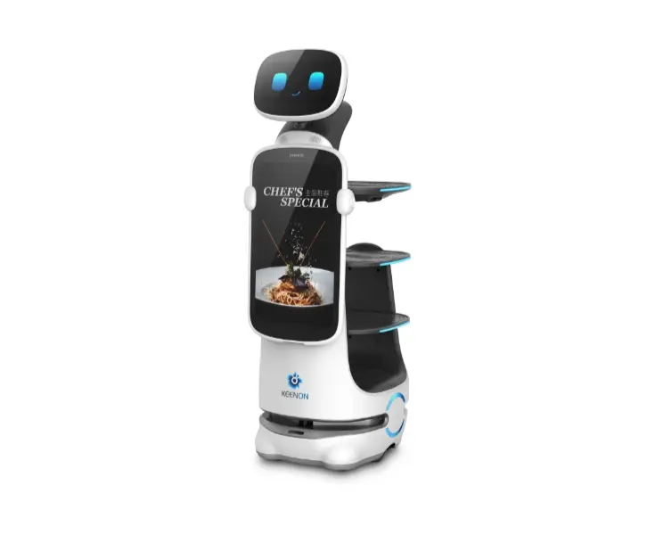 Weißer Service-Roboter mit Bildschirm und Ablagen