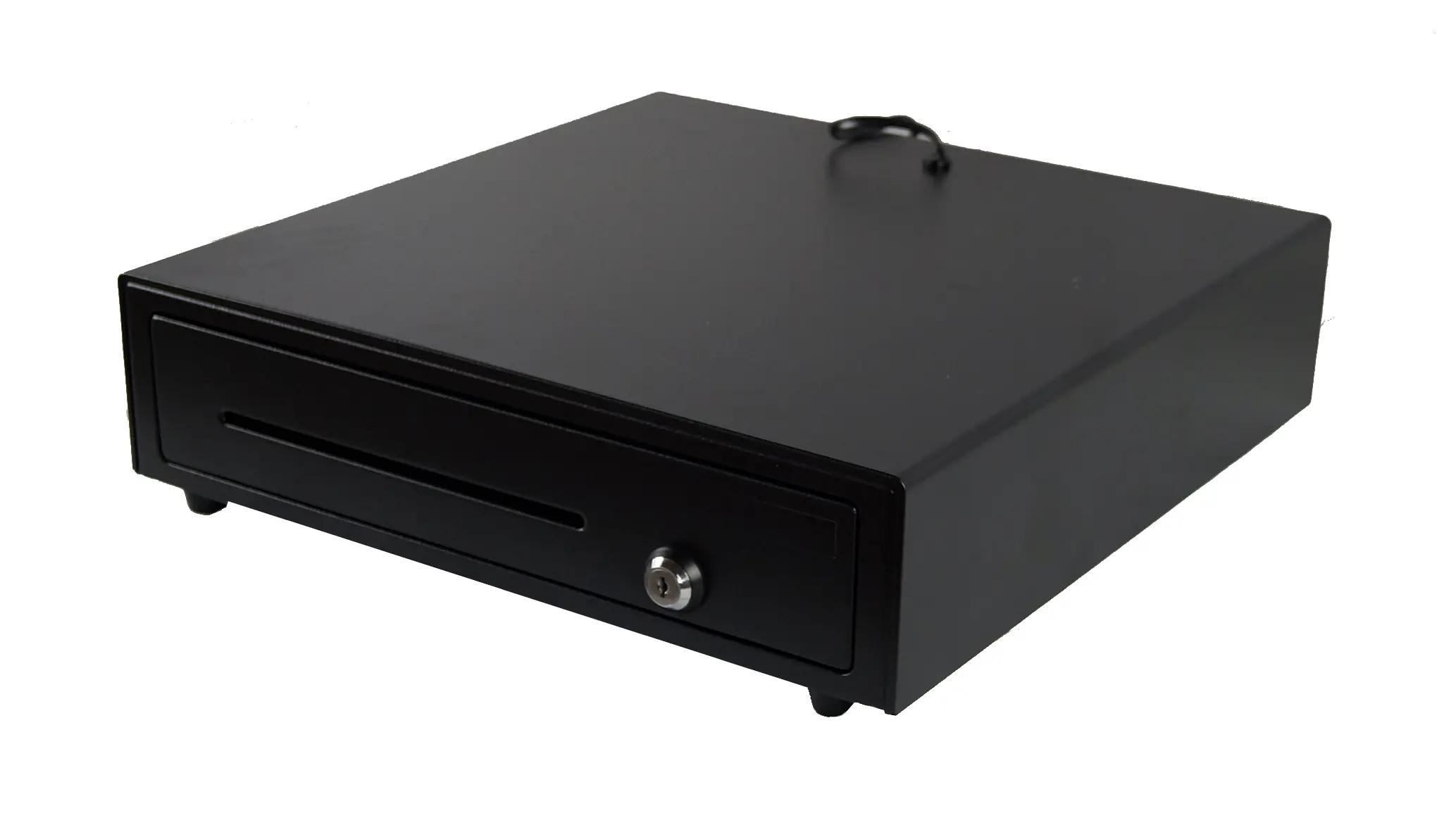 Schwarze Kassenschublade aus Metall mit Schloss