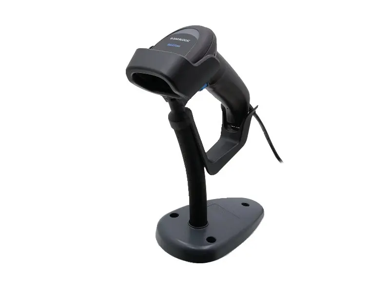 Schwarzer Datalogic QuickScan Barcode-Scanner auf Standfuß